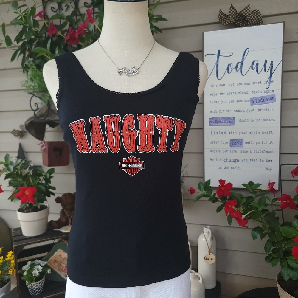HARLEY-DAVIDSON ♡ Gorgeous Black|Orange Lacey NAUGHTY...BUT NICE H-D Tank Top S
